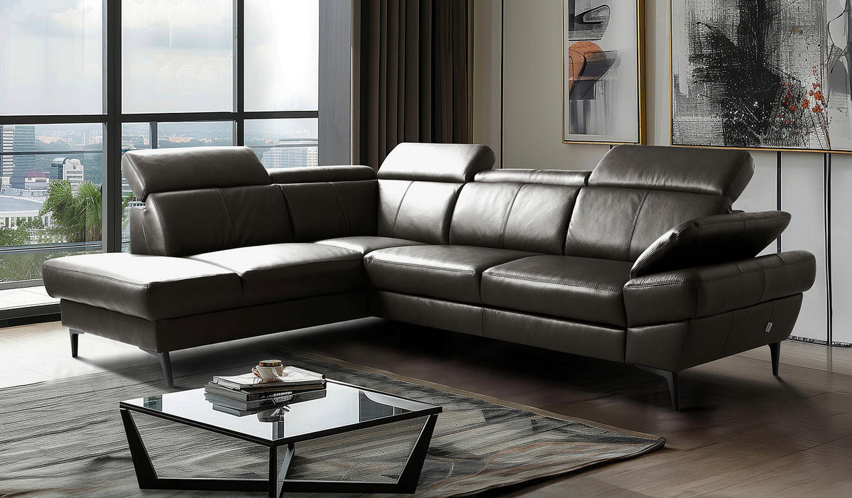 ECKSOFA  in Lederlook Echtleder Dunkelbraun  - Dunkelbraun/Schwarz, Design, Leder/Textil (211/264cm) - Livetastic