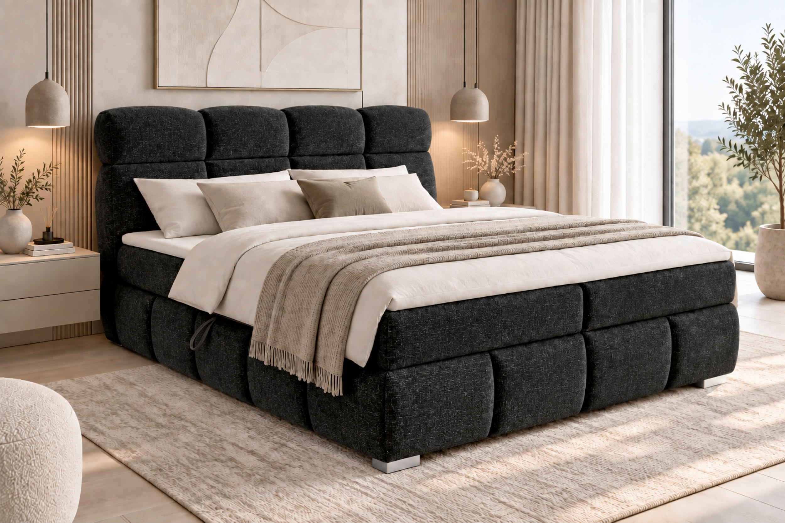 BOXBETT 140/200 cm,  in Schwarz, Bettkasten, Topper,  - Chromfarben/Schwarz, MODERN, Holz/Kunststoff (140/200cm) - MID.YOU