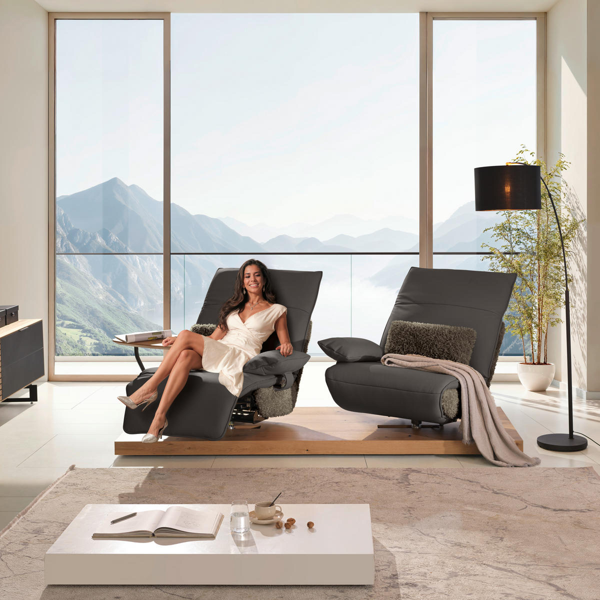 2-SITZER-SOFA  in Hochflor Echtleder Dunkelbraun, Graubraun  - Dunkelbraun/Graubraun, Design, Leder/Holz (240/65/104cm) - Koinor