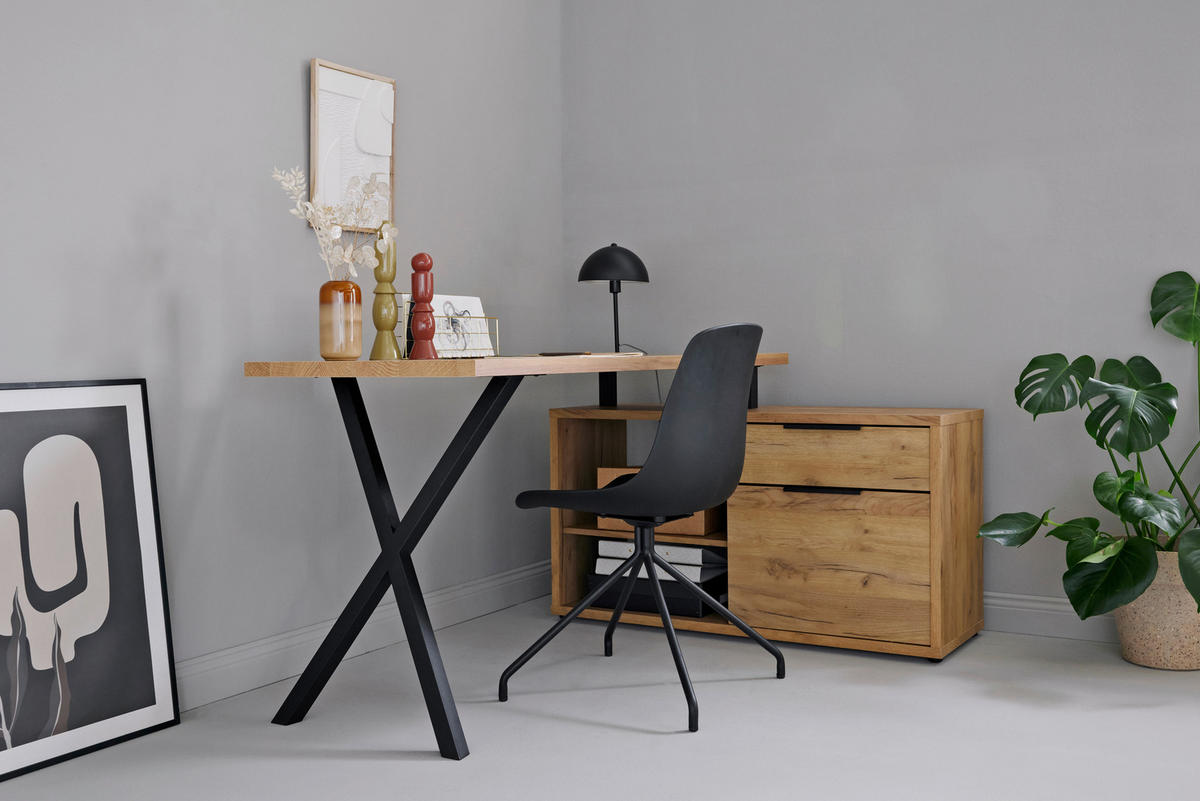 ECKSCHREIBTISCH 150/110/74 cm  in Schwarz, Eichefarben  - Eichefarben/Schwarz, MODERN, Holzwerkstoff/Metall (150/110/74cm) - MID.YOU