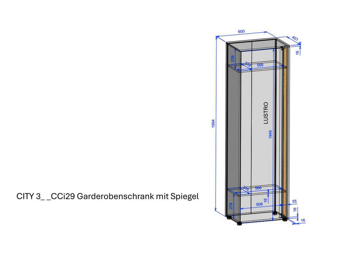 GARDEROBENSCHRANK  in 60/200/40 cm  - Eiche Wotan/Schwarz, Design, Glas/Holzwerkstoff (60/200/40cm) - Modante