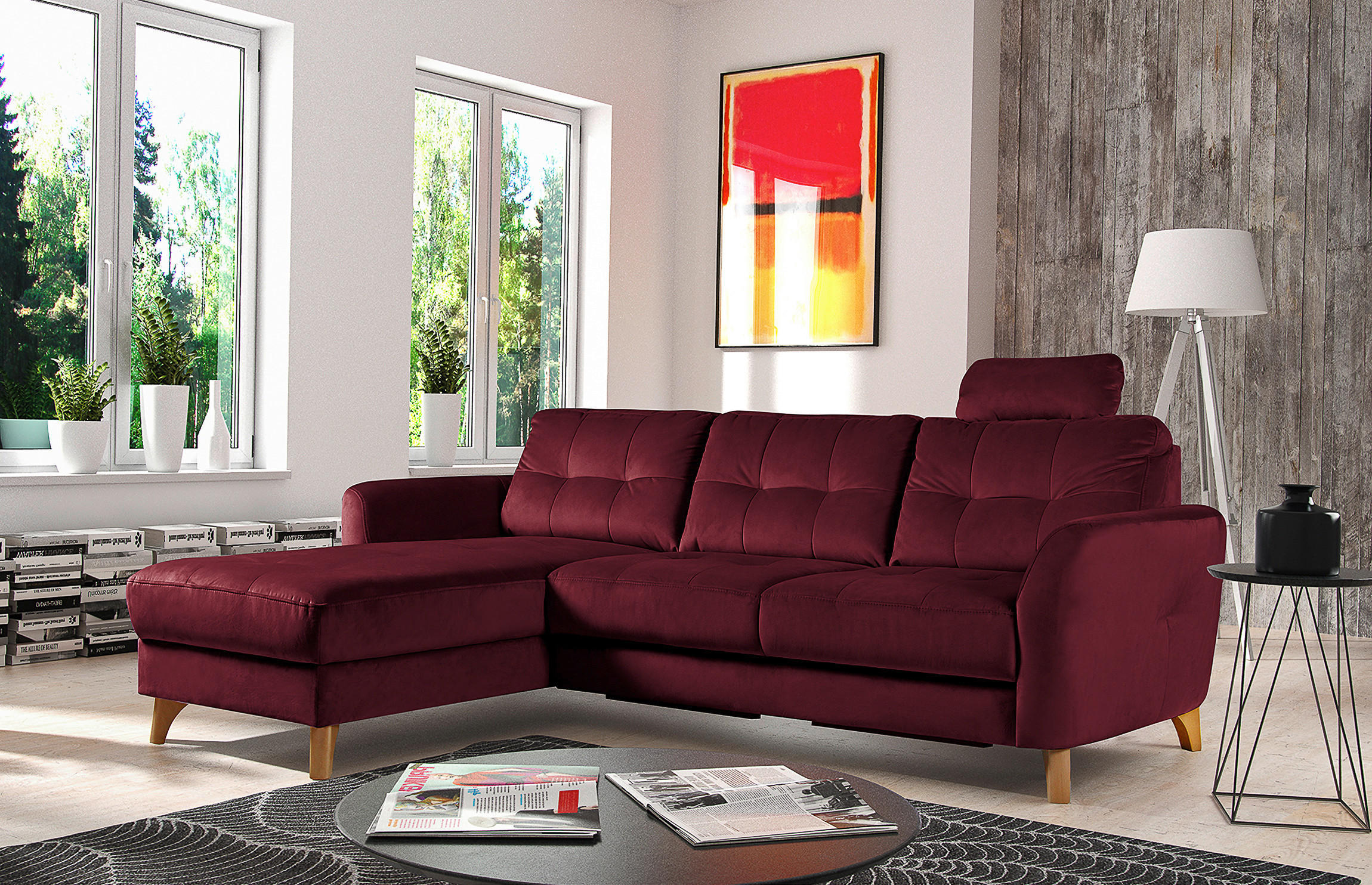 ECKSOFA Rot Samt  - Buchefarben/Rot, Design, Holz/Textil (168/238cm) - Livetastic