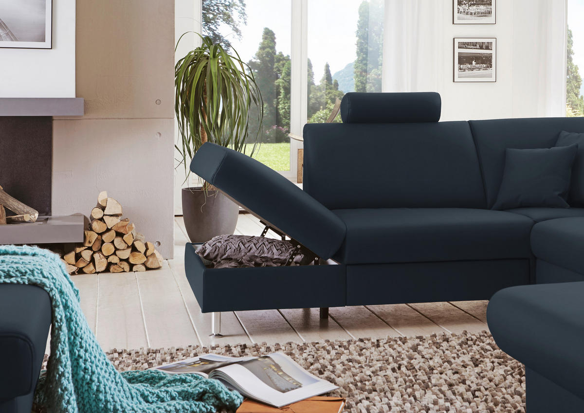 WOHNLANDSCHAFT in Echtleder Dunkelblau  - Alufarben/Dunkelblau, Design, Leder/Metall (233/339/165cm) - Beldomo Premium
