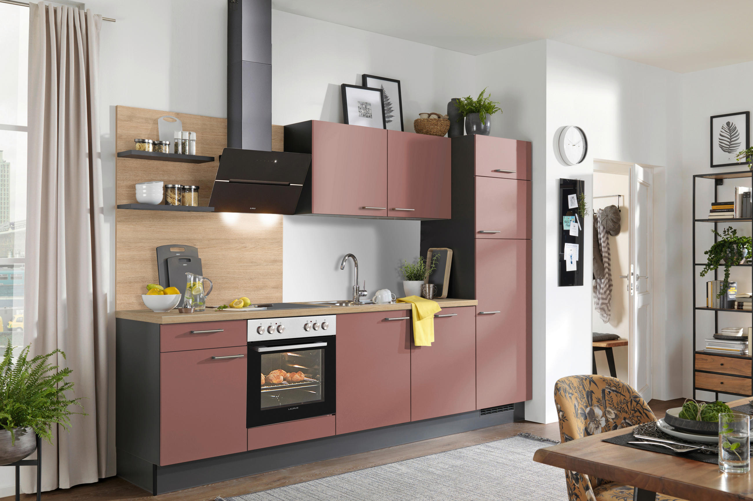 KÜCHENBLOCK 290 cm   in Graphitfarben, Rot, Eichefarben  - Edelstahlfarben/Eichefarben, Design, Holzwerkstoff/Metall (290cm) - Xora