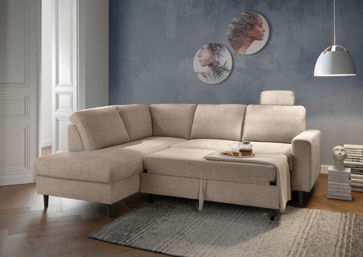 ECKSCHLAFSOFA in Beige Textil   - Beige/Schwarz, Modern, Holz/Textil (200/242cm) - Livetastic