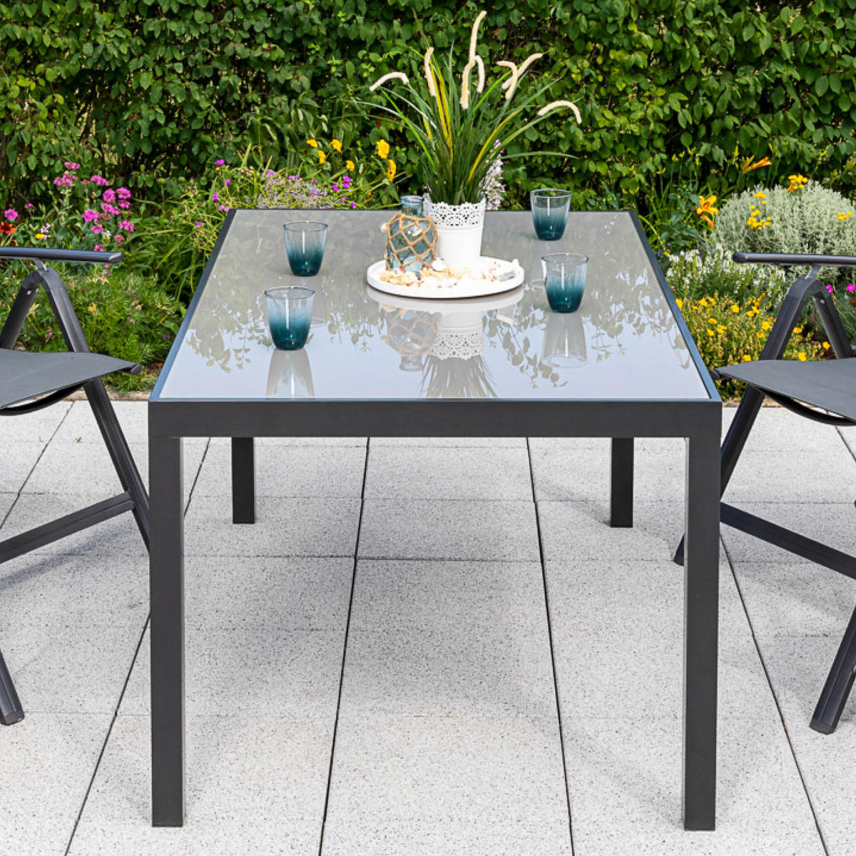 GARTENTISCHGRUPPE  - Graphitfarben/Grau, ROMANTIK / LANDHAUS, Glas/Textil - Gardenson