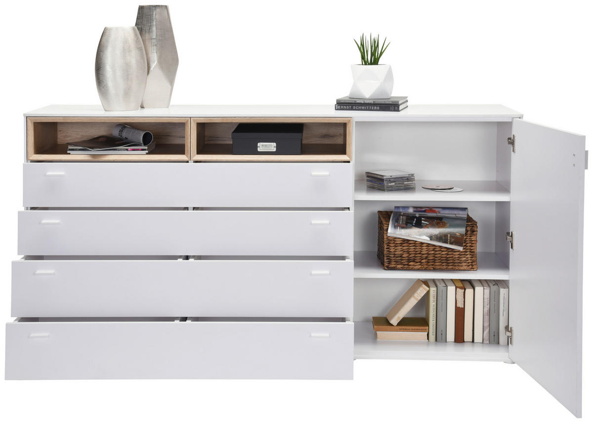 KOMODA, bílá, barvy dubu, 180,4/92,8/43 cm - bílá/barvy dubu, Design, kompozitní dřevo (180,4/92,8/43cm) - Hom`in