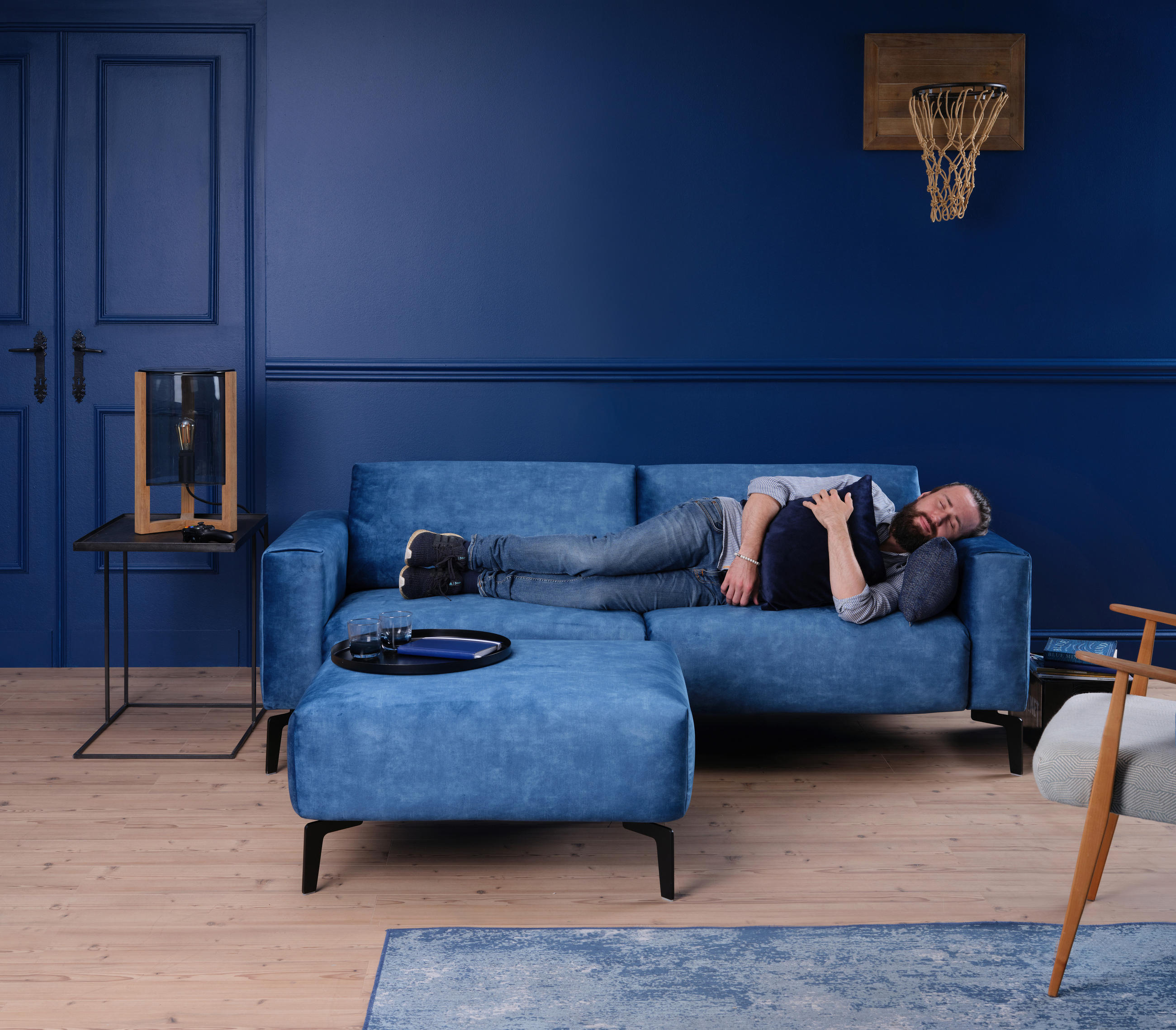 HOCKER in Textil Blau  - Blau/Schwarz, Design, Textil/Metall (90/70/46cm) - SENSOO