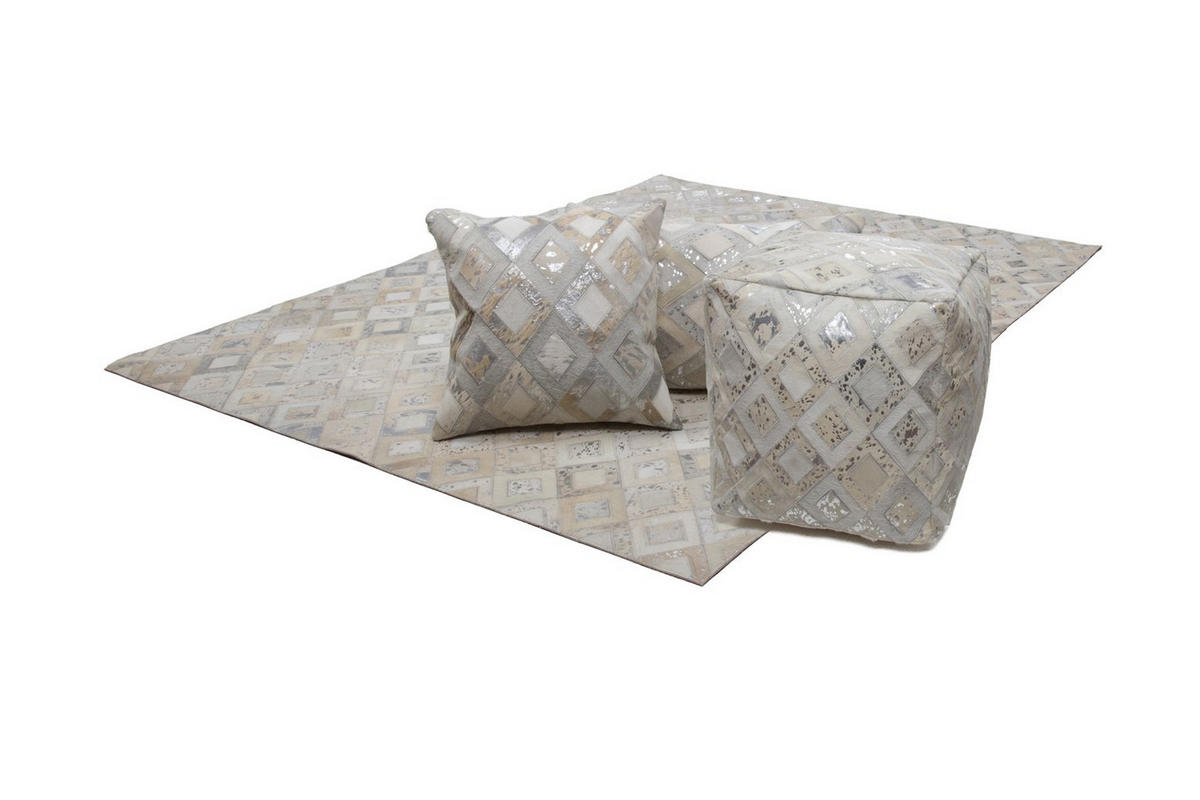 POUF in Creme, Grau, Silberfarben Leder  - Silberfarben/Creme, Design, Leder (45/45/45cm) - Kayoom