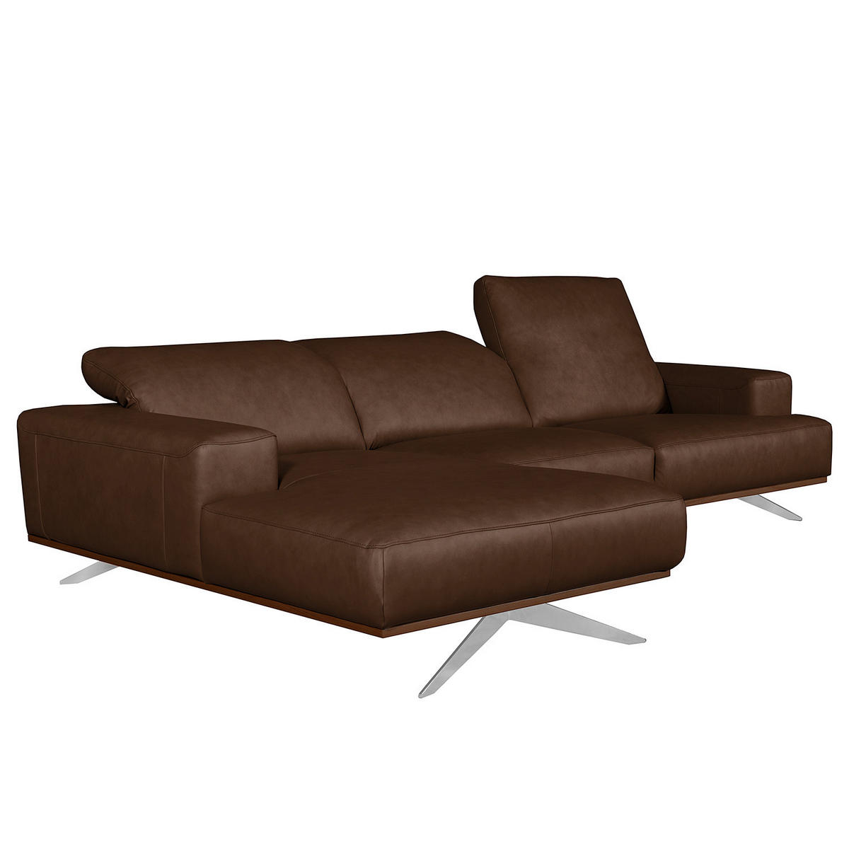 ECKSOFA Dunkelbraun Echtleder Rücken echt, Kopfteilverstellung  - Chromfarben/Dunkelbraun, Design, Leder/Metall (187/295cm) - Livetastic