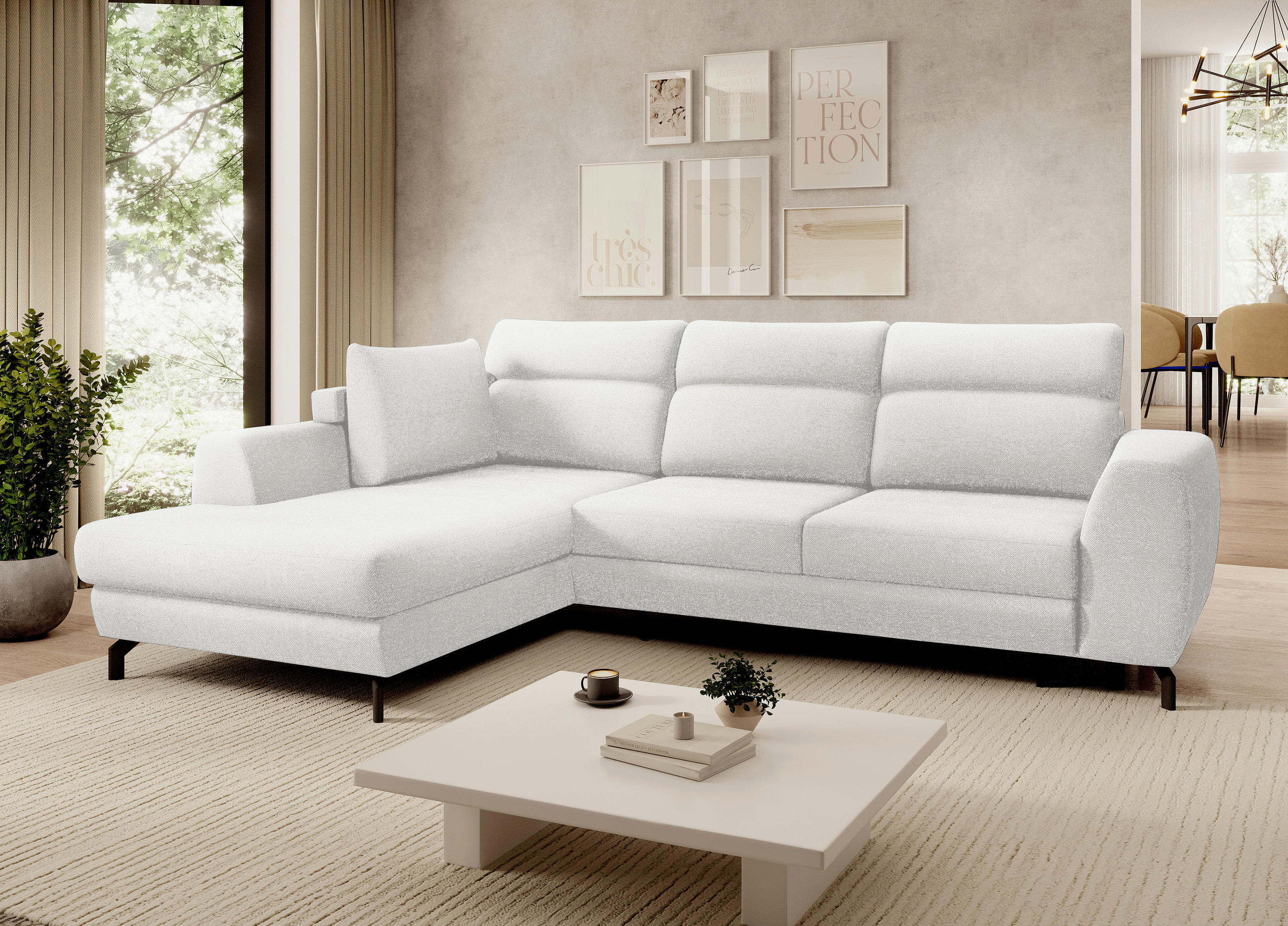 ECKSOFA Weiß Chenille  - Schwarz/Weiß, KONVENTIONELL, Textil/Metall (185/240cm) - Carryhome
