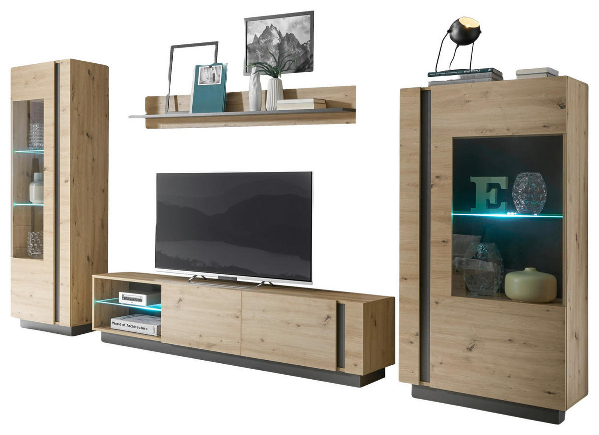 WOHNWAND 4-teilig  in Grau, Eiche Artisan  340/194/40 cm  - Eiche Artisan/Grau, Design, Glas/Holzwerkstoff (340/194/40cm) - MID.YOU