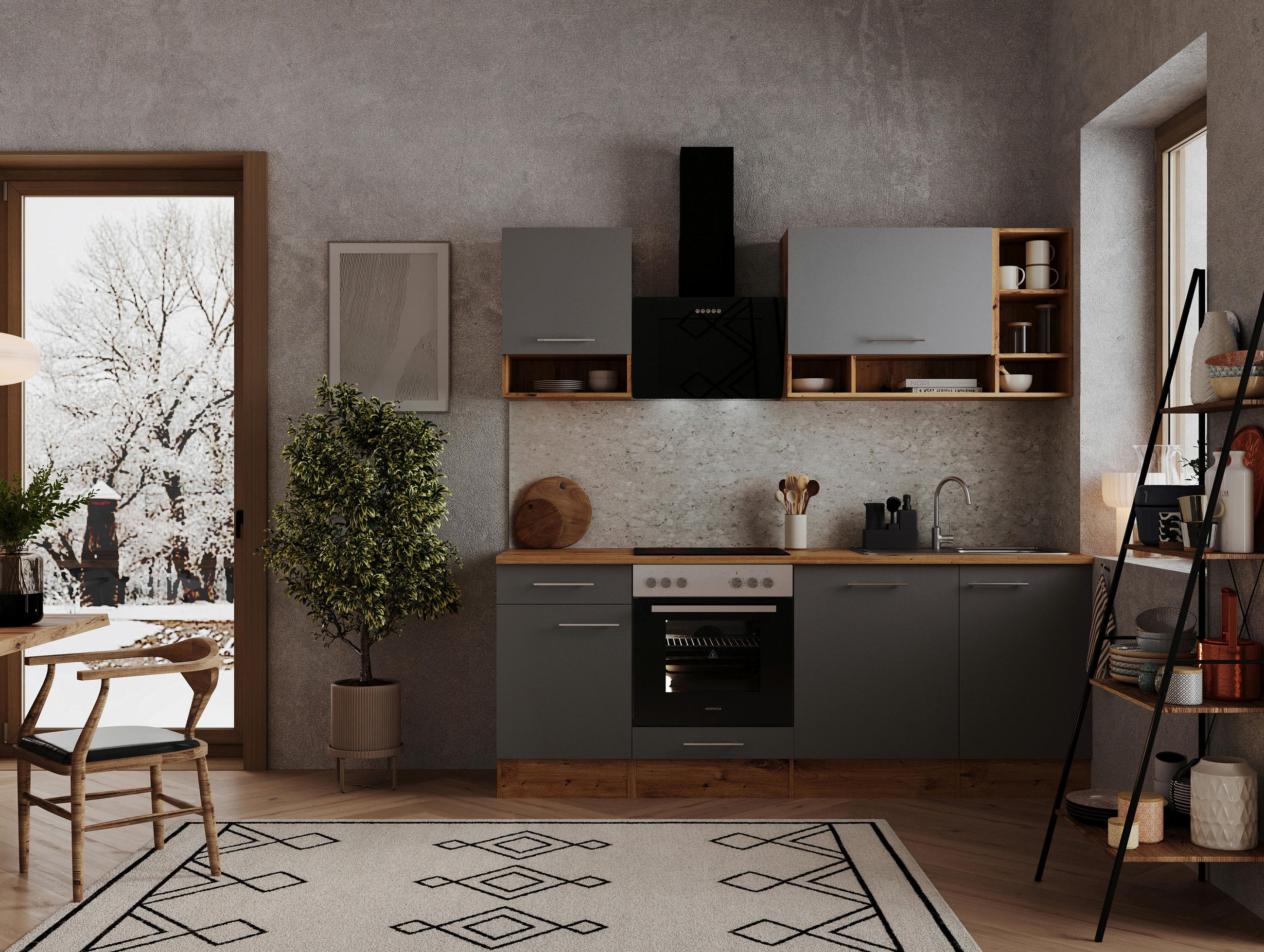MODULKÖK 220 cm   i ekfärgad  - grå/ekfärgad, Modern, trämaterial (220cm) - Respekta