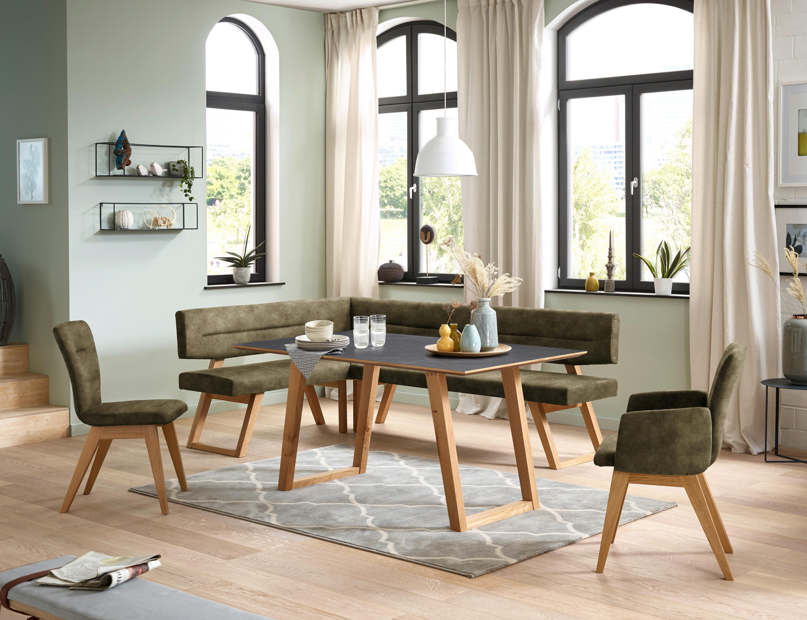 ECKBANK 155/195 cm  in Olivgrün  - Eichefarben/Olivgrün, KONVENTIONELL, Holz/Textil (155/195cm) - Dieter Knoll