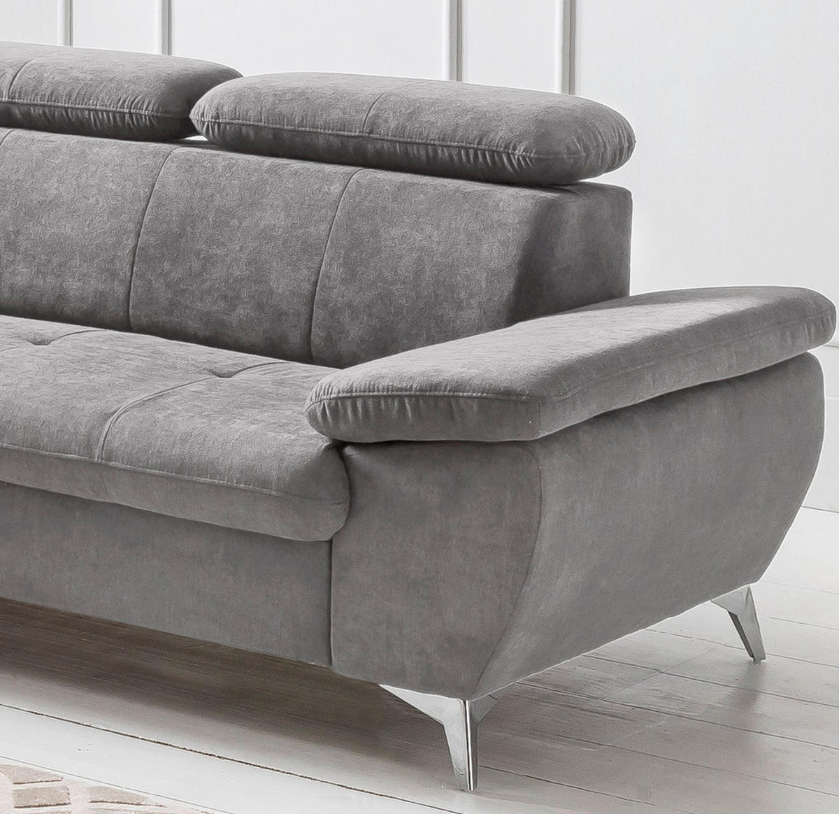 ECKSOFA Grau Mikrofaser  - Chromfarben/Grau, KONVENTIONELL, Textil/Metall (209/256cm) - Livetastic