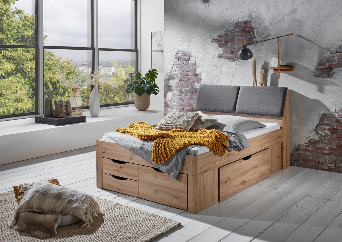 POSTELJA S PREDALOM 140 cm   x 200 cm  , hrast artisan  - siva/hrast artisan, Konvencionalno, leseni material/tekstil (237,5/145,6/103,8cm) - Carryhome