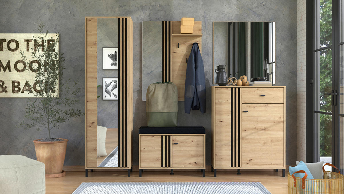 GARDEROBE 6-teilig  in 240/192,5/40 cm  - Schwarz/Eiche Artisan, Basics, Holzwerkstoff/Textil (240/192,5/40cm) - Carryhome