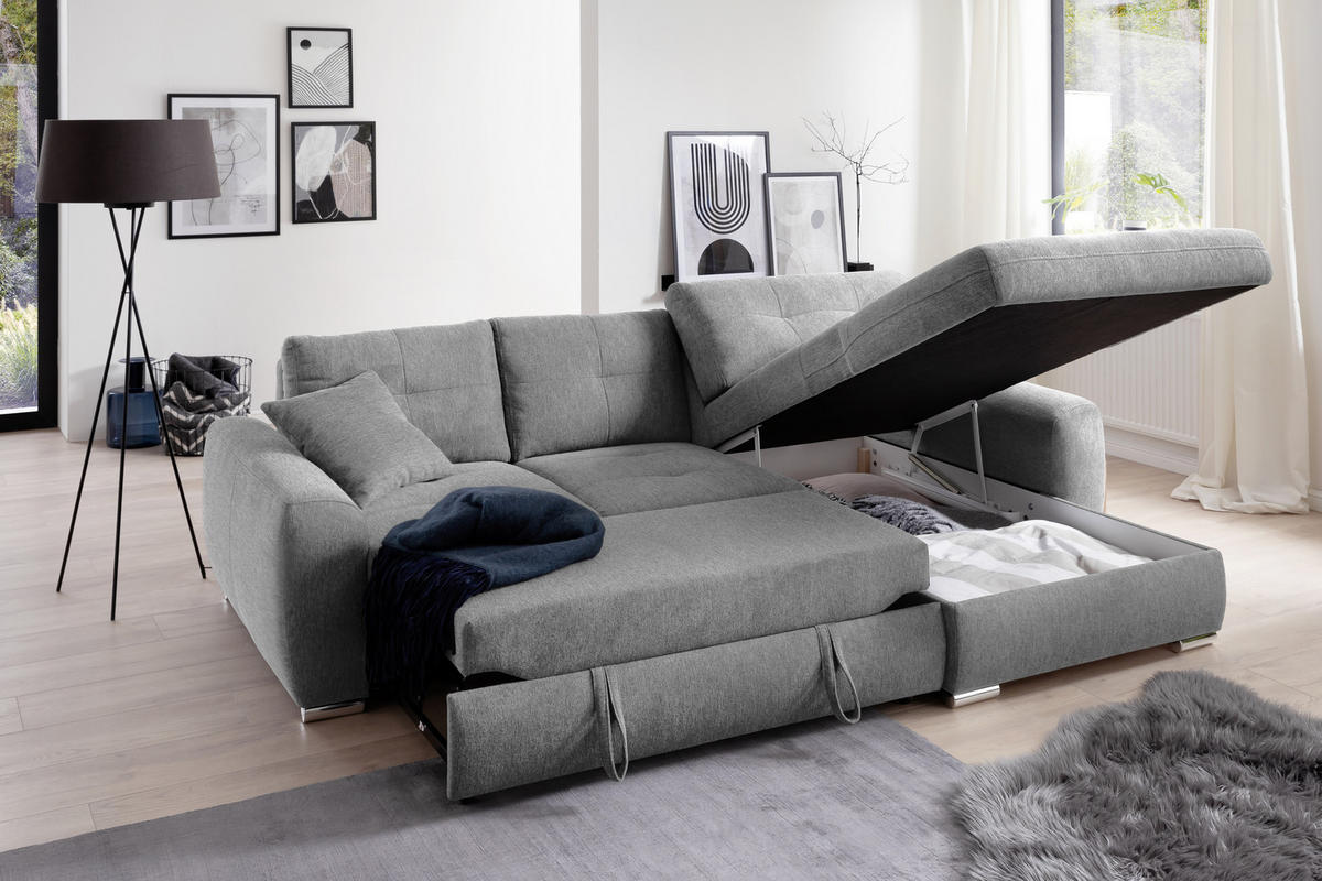 ECKSOFA in Mikrofaser Hellgrau  - Chromfarben/Hellgrau, Modern, Kunststoff/Textil (276/193cm) - Hom`in