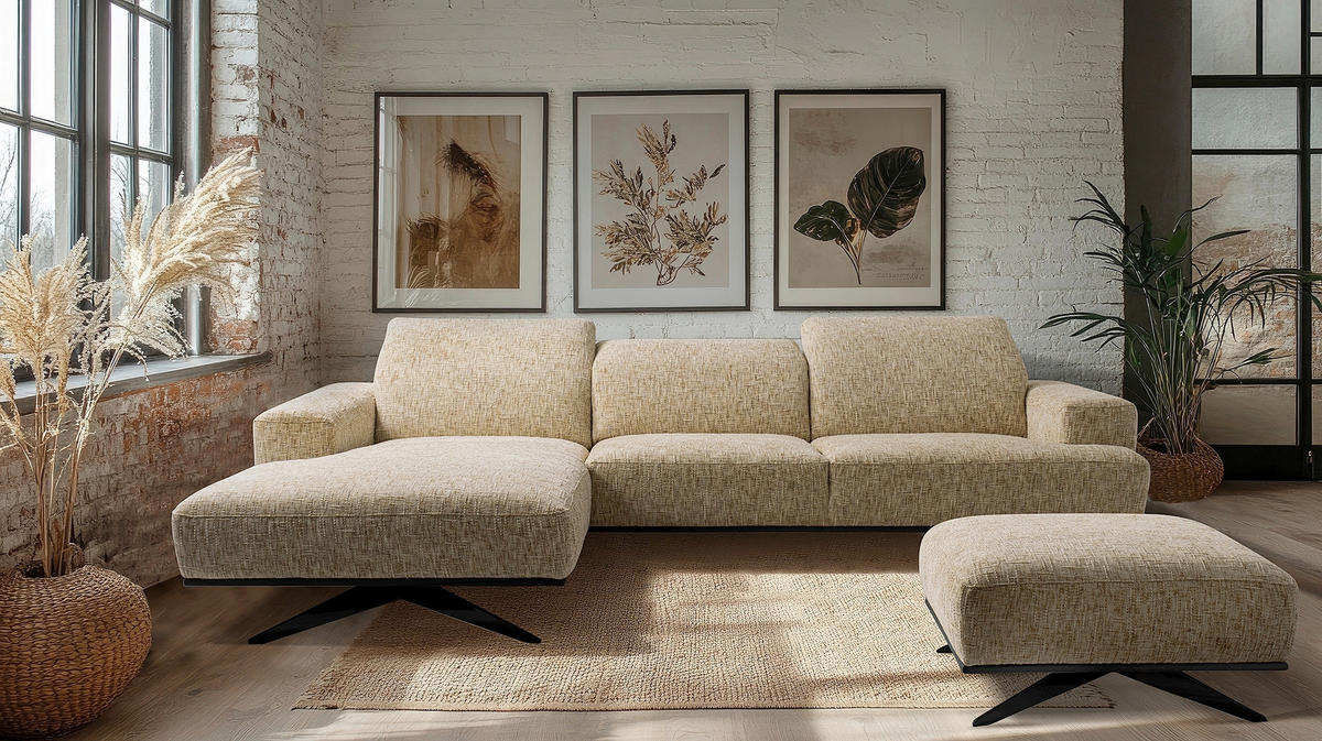 ECKSOFA PORTLAND Hellbraun Struktur Kopfteilverstellung  - Hellbraun/Schwarz, Design, Holz/Textil (187/295cm) - Livetastic