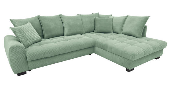 ECKSOFA Pastellgrün Cord Rückenkissen, Armlehnenkissen, Bettkasten, Schlaffunktion, Rücken echt, Liegefläche im Originalstoff  - Pastellgrün/Schwarz, KONVENTIONELL, Kunststoff/Textil (304/212cm) - Carryhome