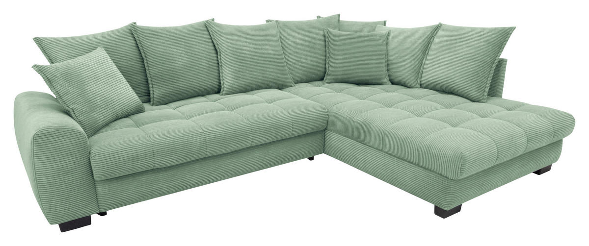 ECKSOFA Pastellgrün Cord Rückenkissen, Armlehnenkissen, Bettkasten, Schlaffunktion, Rücken echt, Liegefläche im Originalstoff  - Pastellgrün/Schwarz, KONVENTIONELL, Kunststoff/Textil (304/212cm) - Carryhome