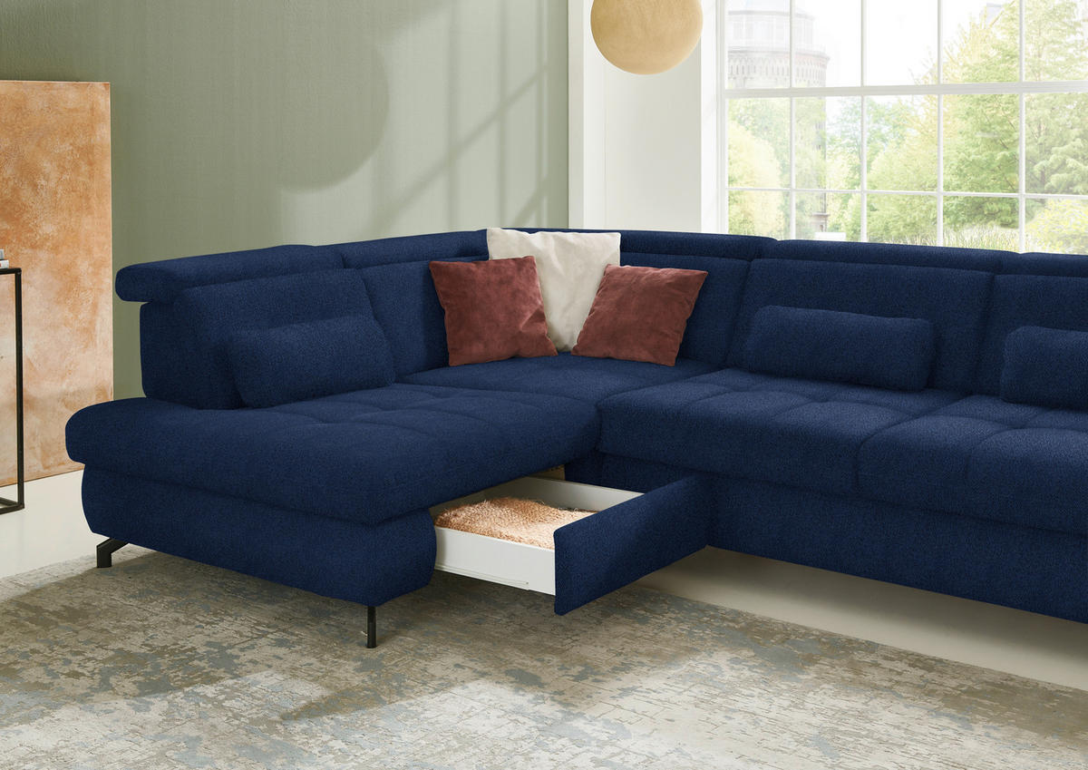 ECKSOFA in Chenille Dunkelblau  - Schwarz/Dunkelblau, Design, Textil/Metall (220/310cm) - Beldomo Style