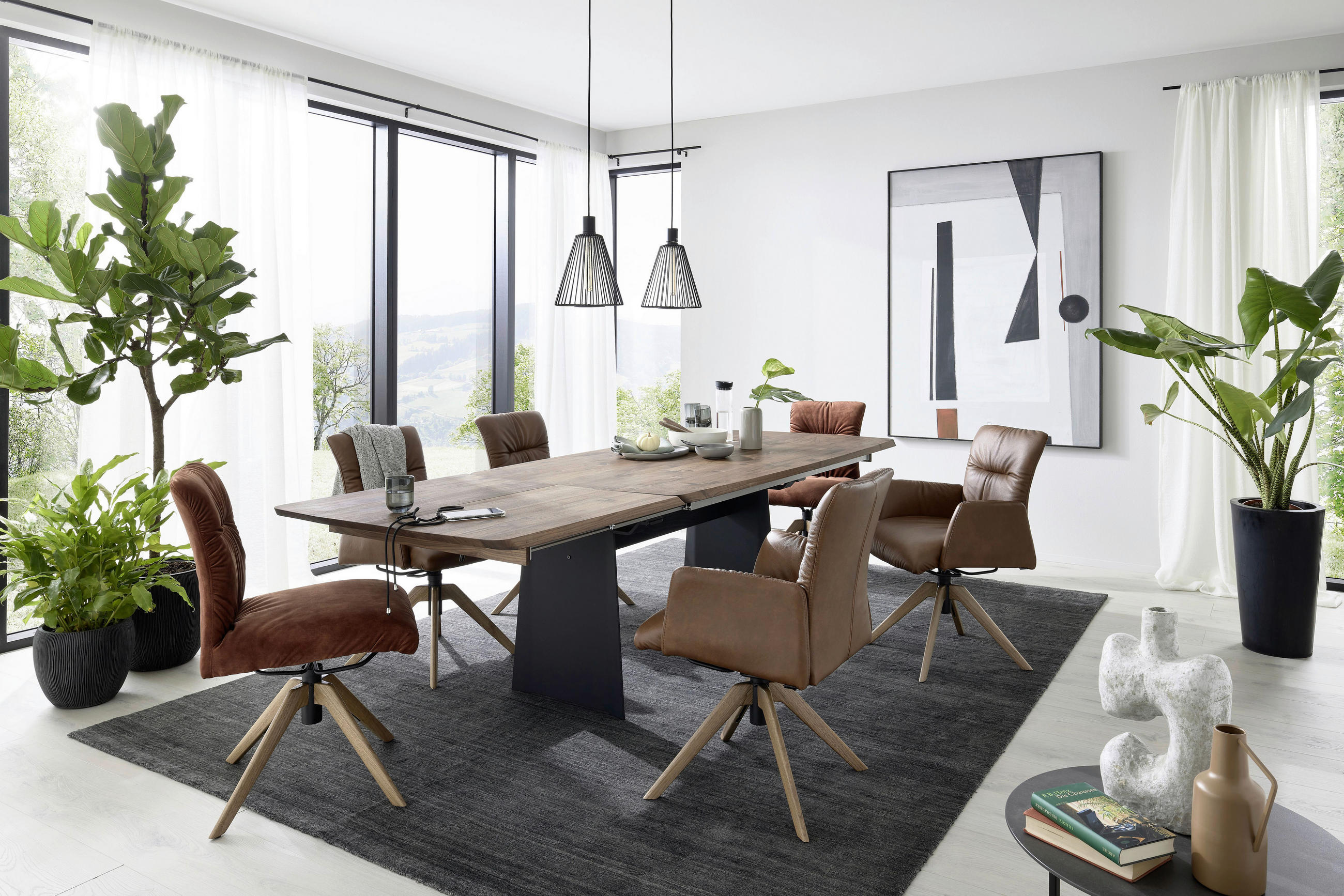 Thumbnail - Musterring Esstisch, Nussbaum, Holz, Nussbaum, massiv, bootsförmig, Wange, 100x76x200-280 cm, ausziehbar, in verschieden...