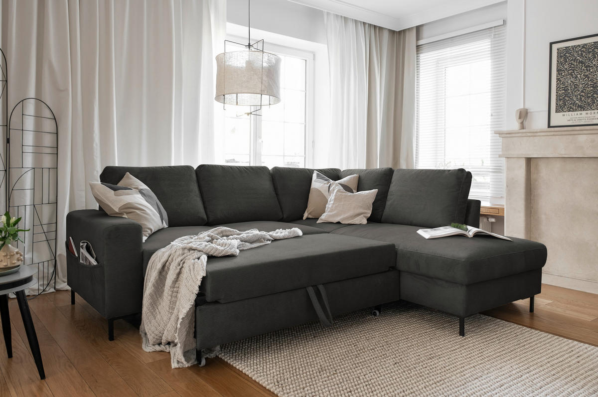 ECKSOFA in Cord Grau  - Schwarz/Grau, Design, Textil/Metall (237/197cm) - MID.YOU