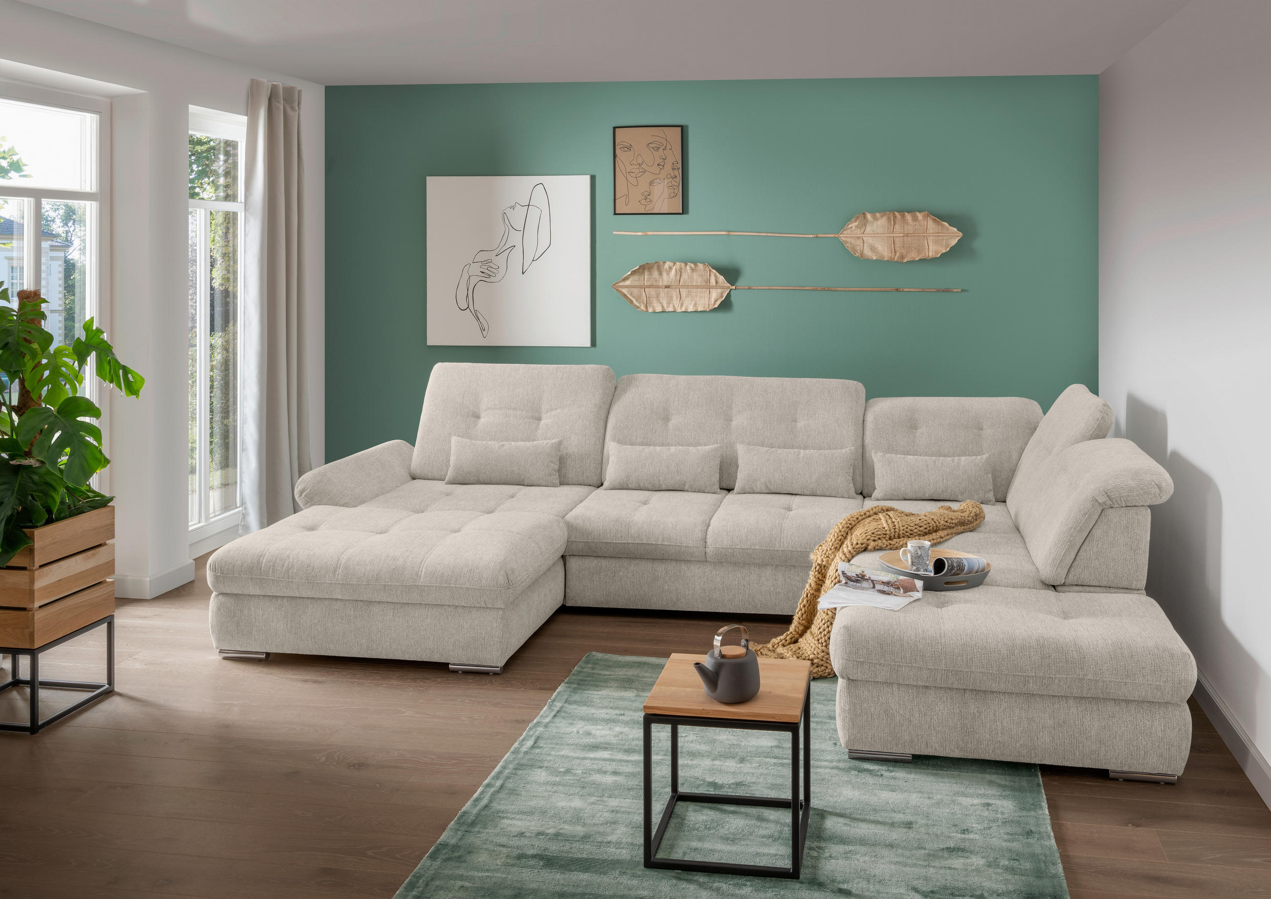 WOHNLANDSCHAFT in Chenille Beige  - Chromfarben/Beige, Design, Textil/Metall (195/376/254cm) - Livetastic