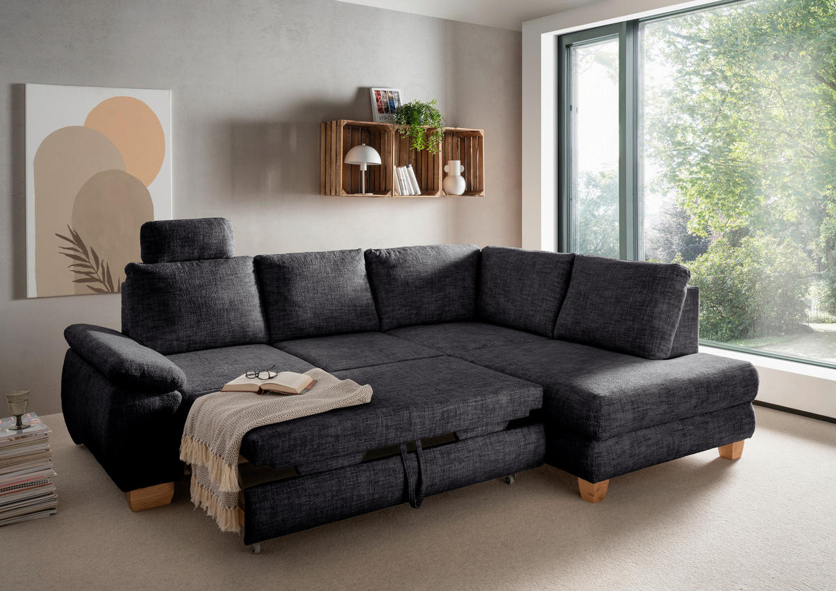 ECKSCHLAFSOFA Struktur Schwarz  - Wildeiche/Schwarz, MODERN, Holz/Textil (265/206cm) - Livetastic