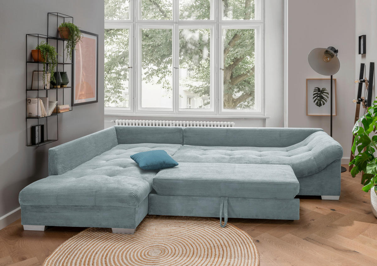 ECKSOFA Hellblau Cord  - Silberfarben/Petrol, Design, Holz/Textil (202/298cm) - MID.YOU