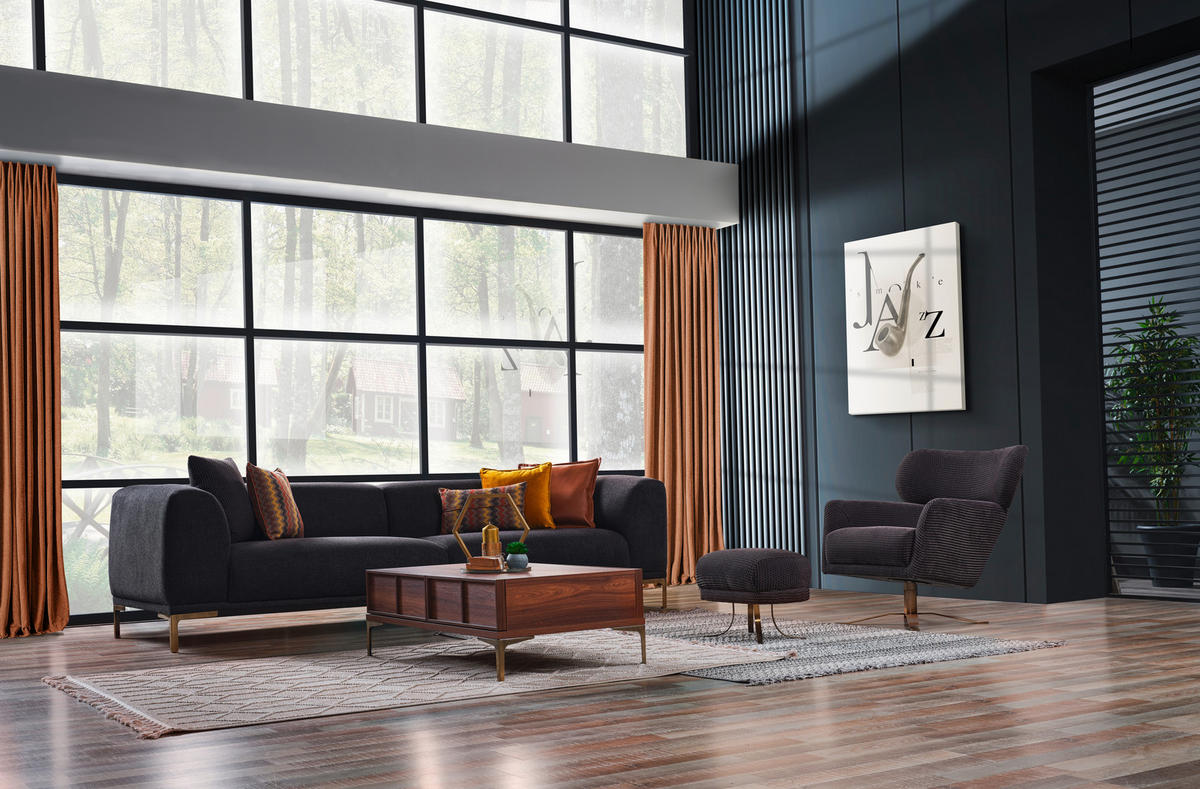 VIERSITZER-SOFA in Leinenoptik Anthrazit  - Anthrazit/Messingfarben, Design, Textil/Metall (286/74/98cm) - Livetastic