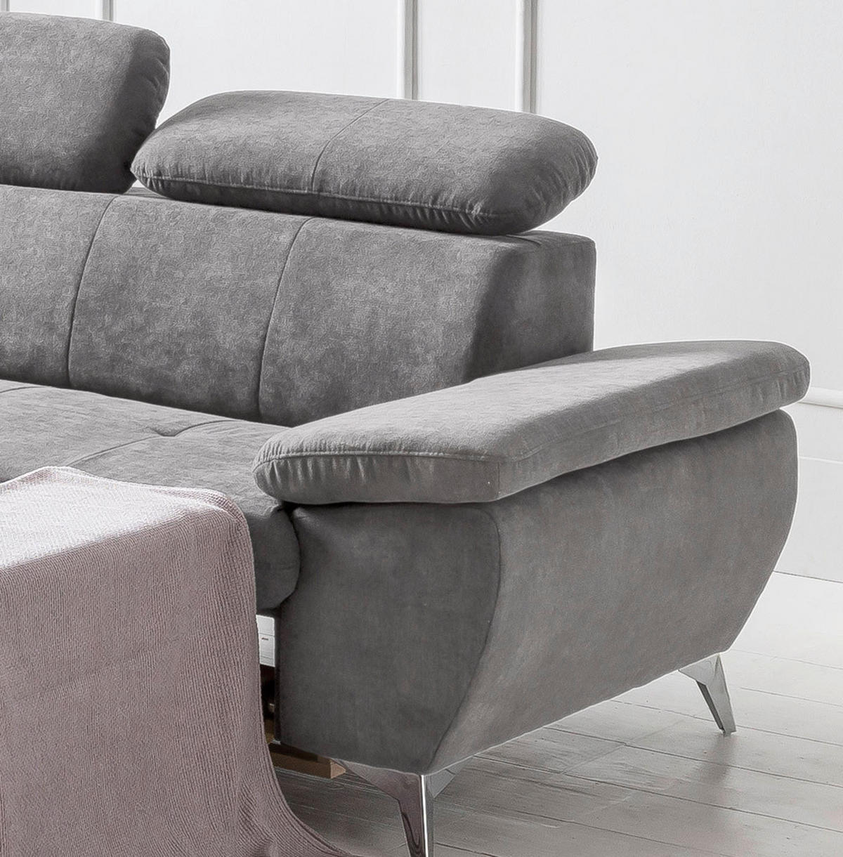 ECKSOFA Grau Mikrofaser  - Chromfarben/Grau, KONVENTIONELL, Textil/Metall (209/256cm) - Livetastic