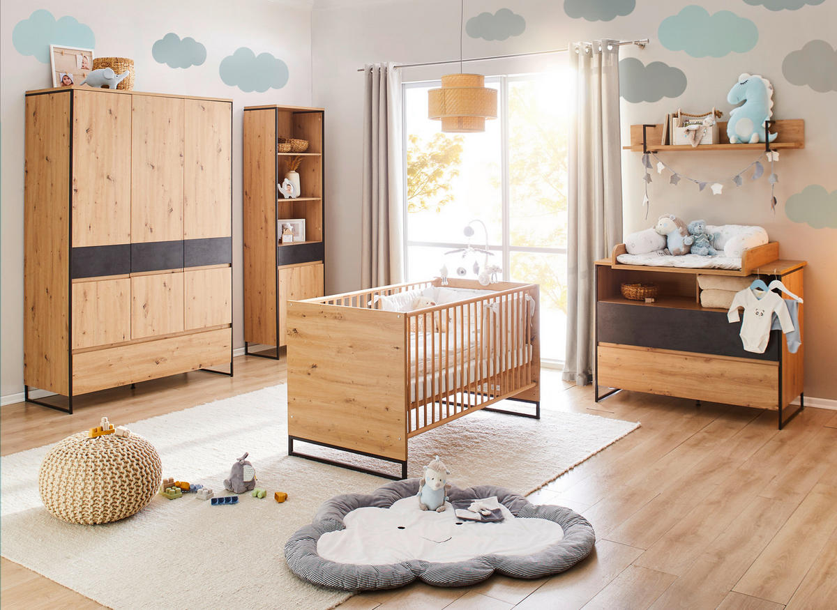 GITTERBETT Yunai 144,6/78/83,5 cm  - Eichefarben/Anthrazit, Trend, Holzwerkstoff/Metall (144,6/78/83,5cm) - My Baby Lou