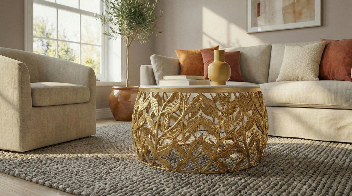 COUCHTISCH WL7.342 60/60/33 cm rund Weiß, Goldfarben  - Goldfarben/Weiß, Design, Stein/Metall (60/60/33cm) - MID.YOU