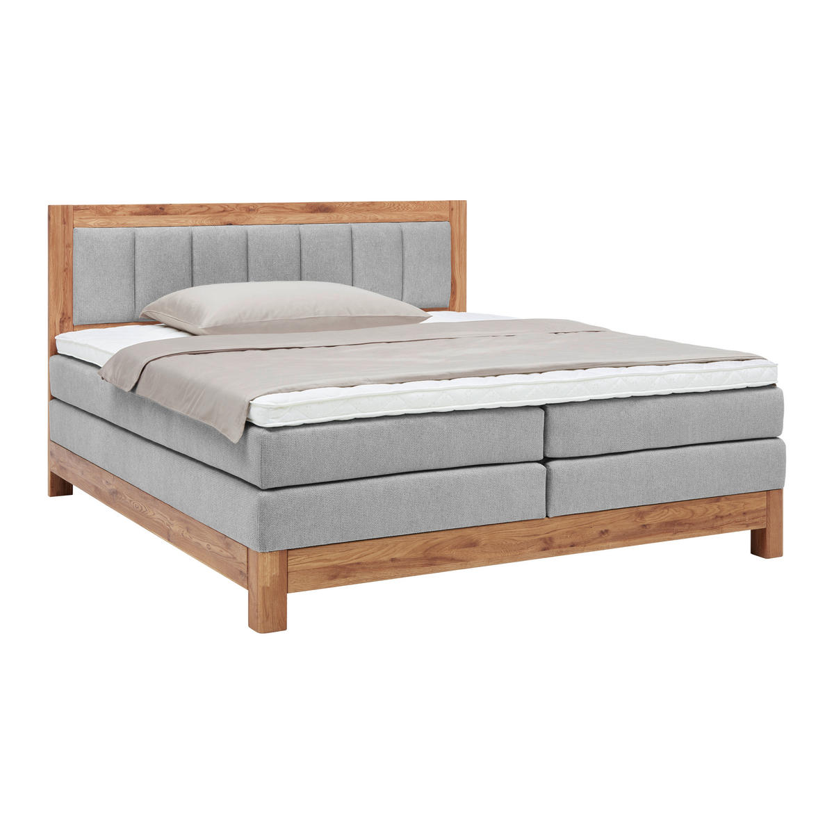 Boxspring, 160/200 cm, gri - bej/culoare lemn stejar, Konventionell, lemn/textil (160/200cm) - Valnatura