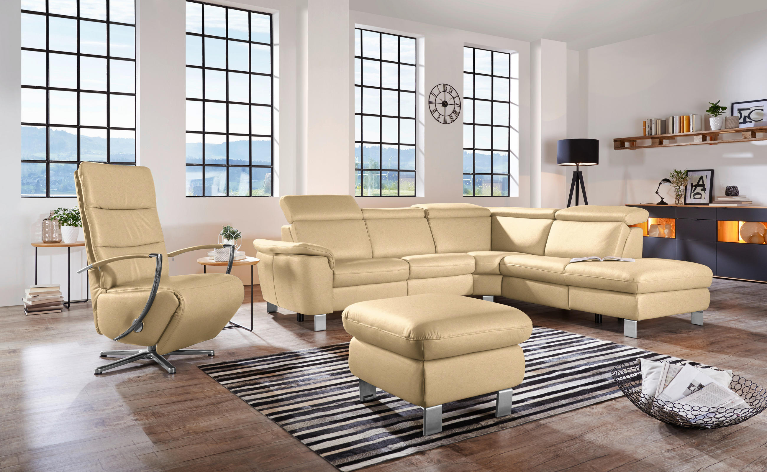 ECKSOFA in Echtleder Beige  - Beige/Alufarben, Design, Leder/Metall (271/239cm) - Cantus