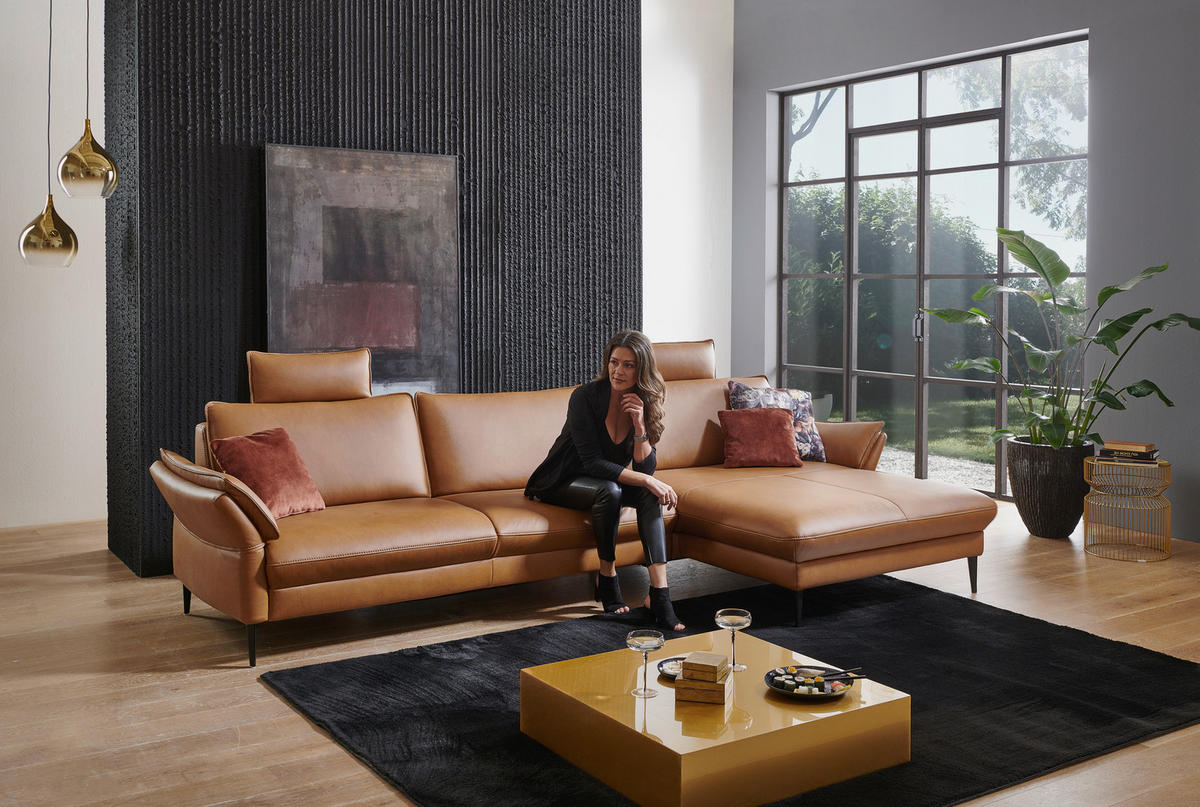ECKSOFA in Echtleder Braun  - Schwarz/Braun, Design, Leder/Metall (334/172cm) - Valdera
