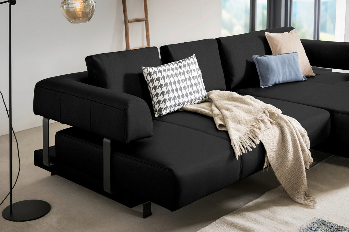 ECKSOFA in Echtleder Schwarz  307/188 cm  - Schwarz, Design, Leder/Metall (307/188cm)