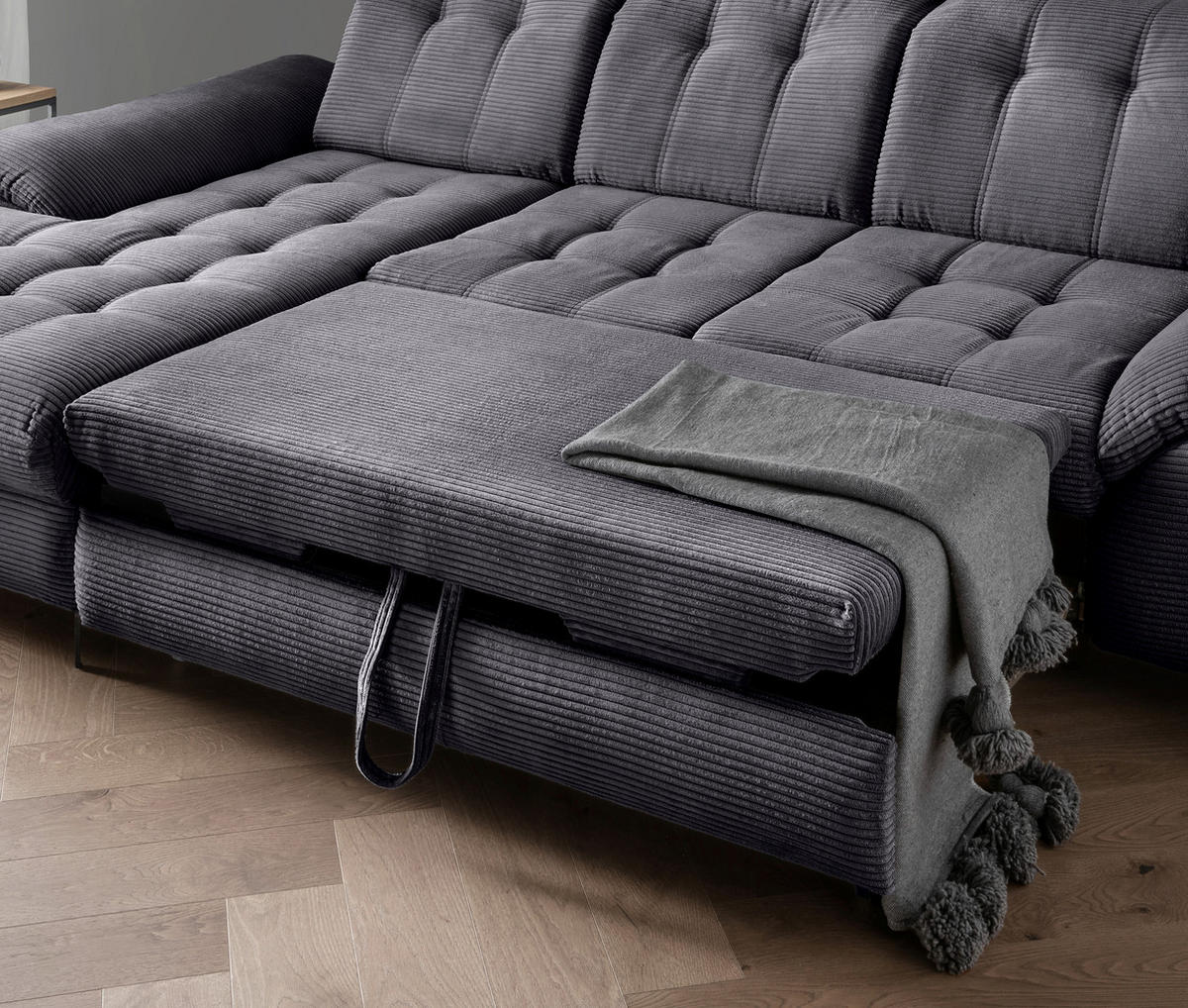 ECKSCHLAFSOFA in Cord Grau  - Schwarz/Grau, Modern, Textil/Metall (189/273cm) - Livetastic