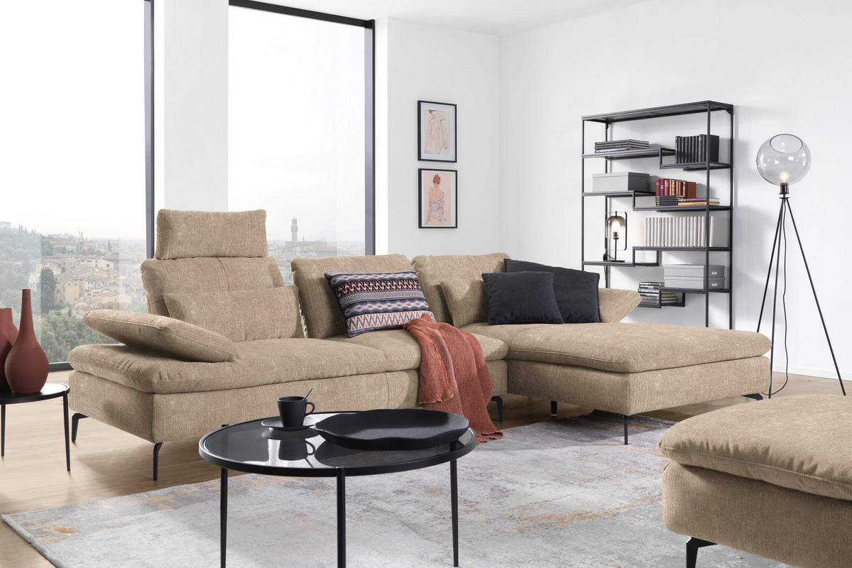 ECKSOFA in Velours Sandfarben  - Sandfarben/Schwarz, Design, Textil/Metall (301/179cm) - Chilliano