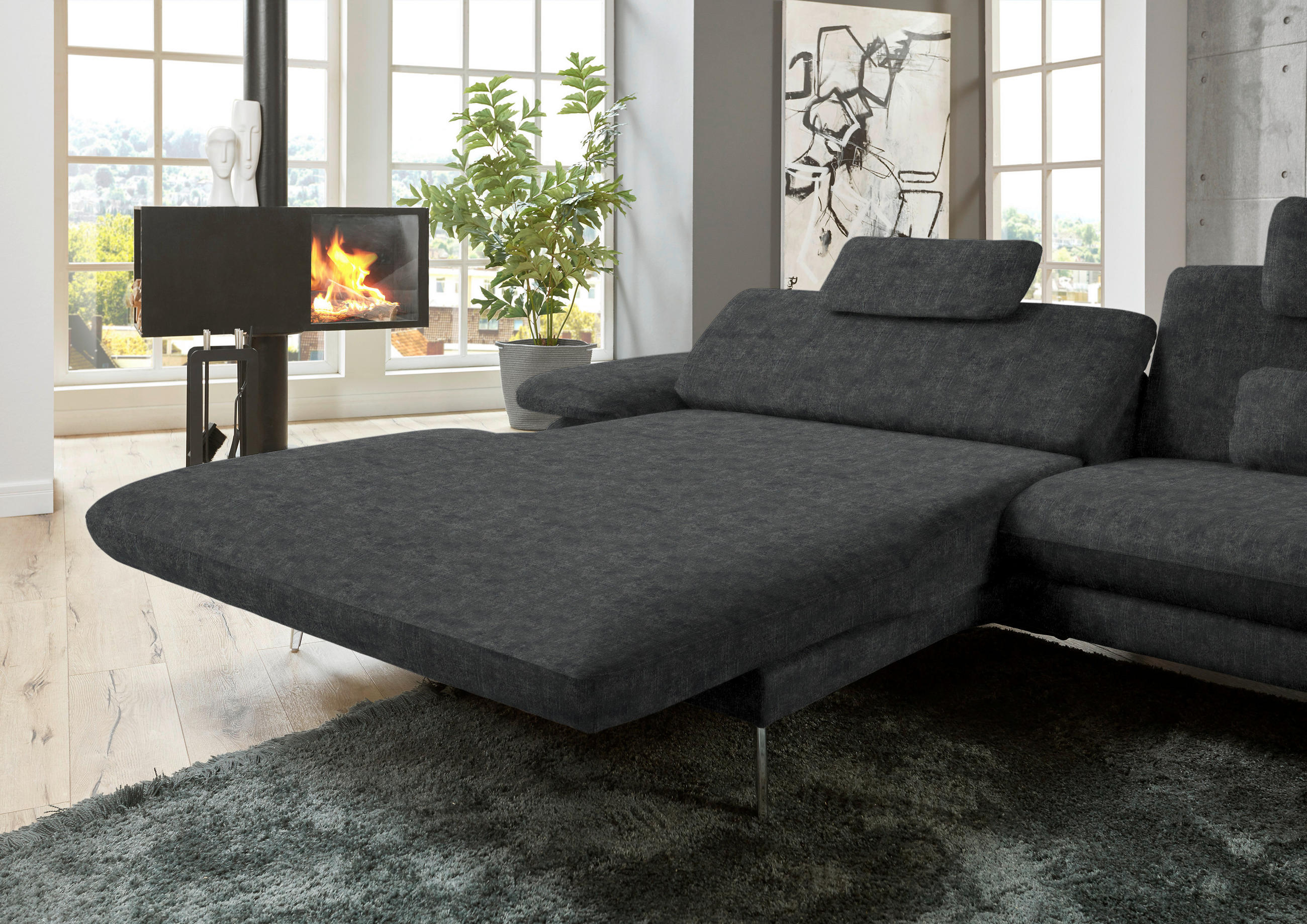ECKSOFA in Velours Anthrazit  - Anthrazit/Schwarz, Design, Textil/Metall (184/284cm) - Dieter Knoll