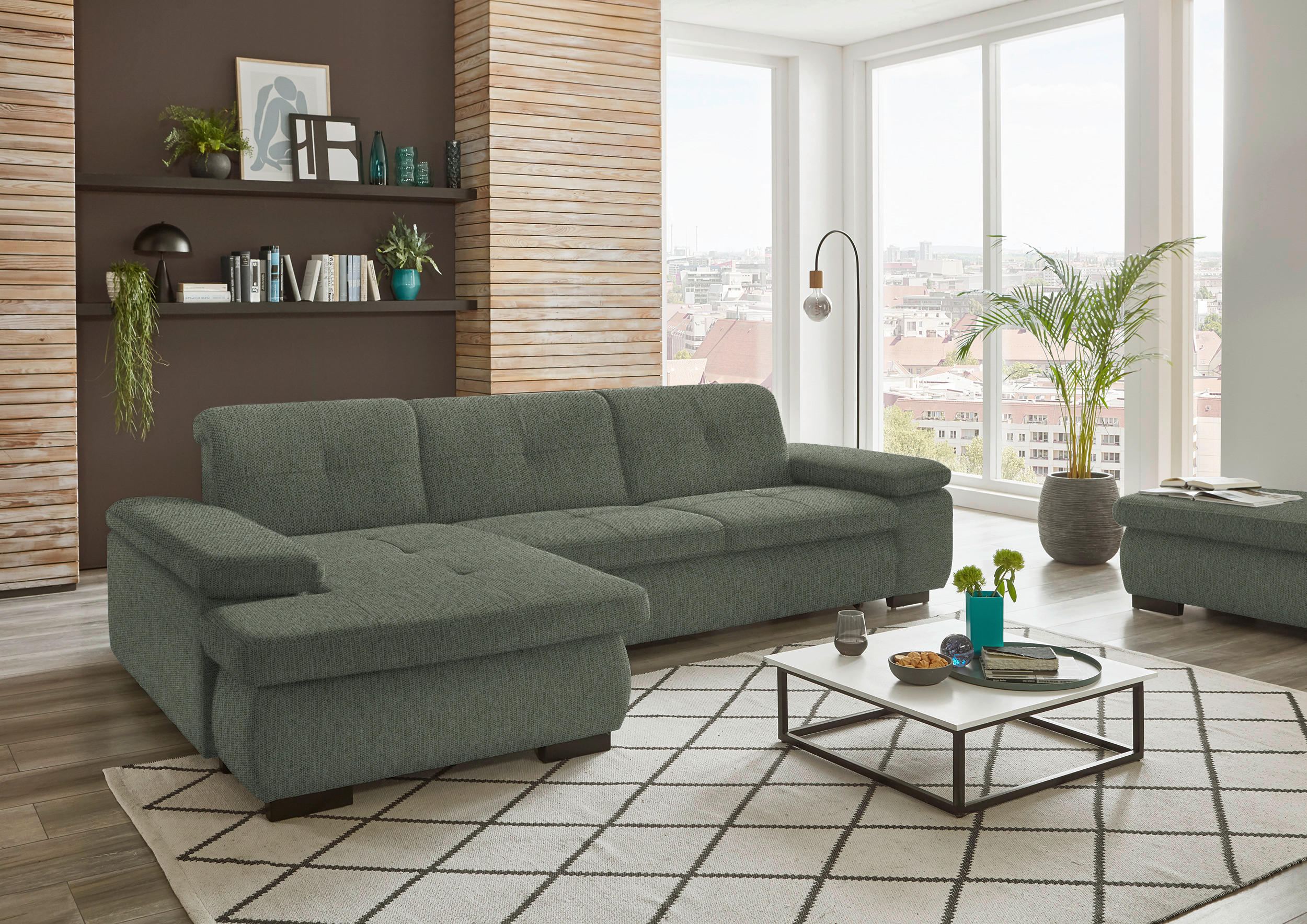 ECKSOFA in Flachgewebe Dunkelgrün  - Dunkelgrün/Schwarz, Design, Textil/Metall (174/297cm) - Beldomo Style