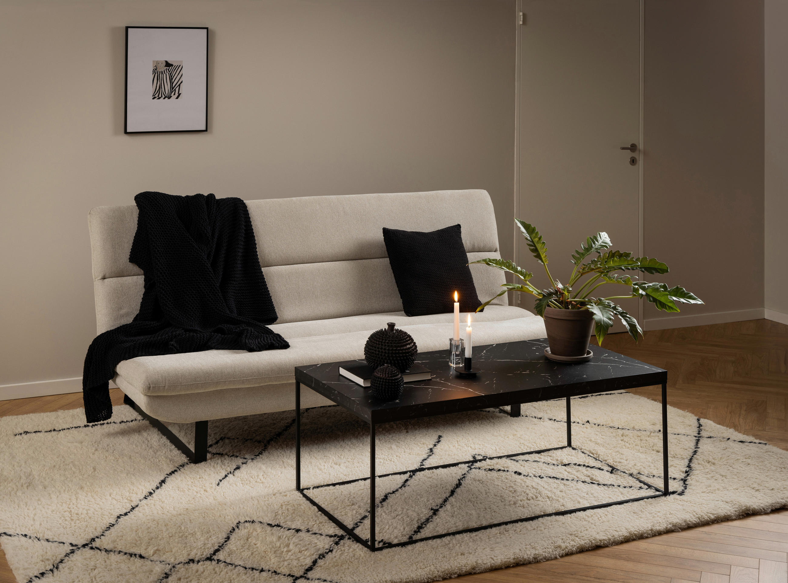 SCHLAFSOFA Flachgewebe Beige  - Beige/Schwarz, KONVENTIONELL, Textil/Metall (200/91/124cm) - Carryhome