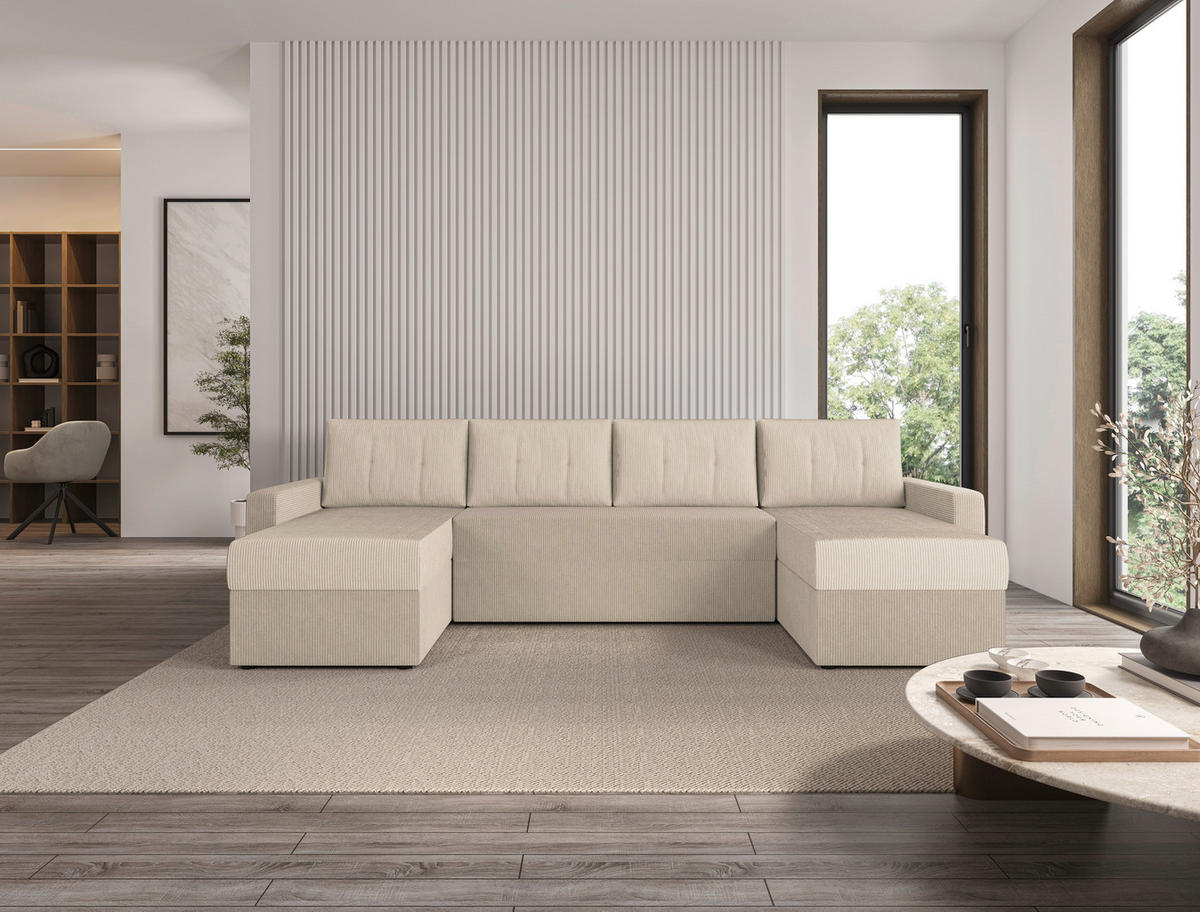WOHNLANDSCHAFT Elfenbein Cord  - Elfenbein/Schwarz, KONVENTIONELL, Kunststoff/Textil (152/290/152cm) - Ti'me