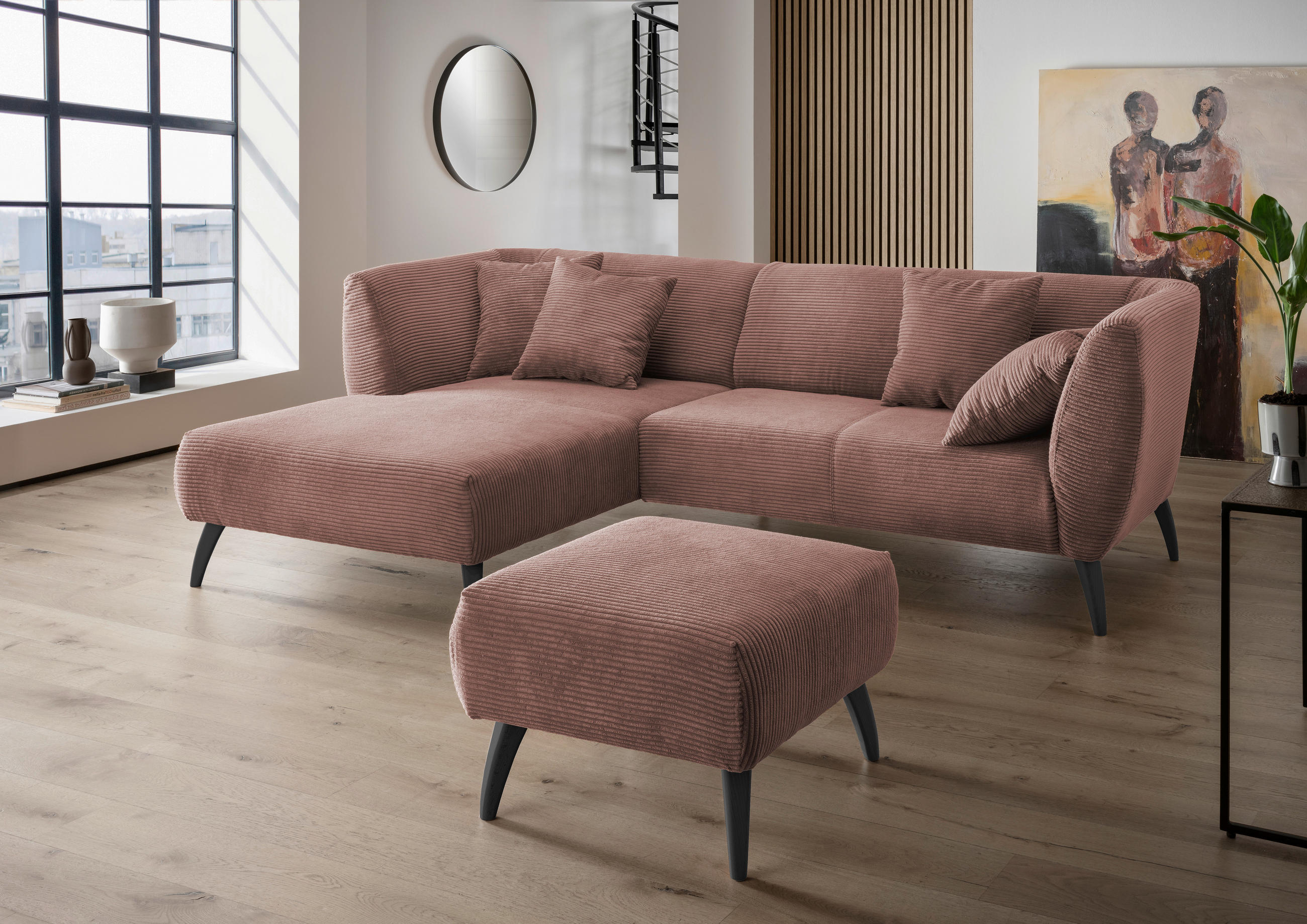 ECKSOFA Rosa Cord  - Schwarz/Rosa, MODERN, Holz/Textil (160/264cm) - MID.YOU