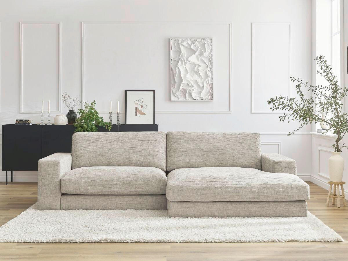 ECKSOFA Ottomane rechts  LEONARD  Beige Struktur  - Beige/Schwarz, MODERN, Kunststoff/Textil (274/159cm)