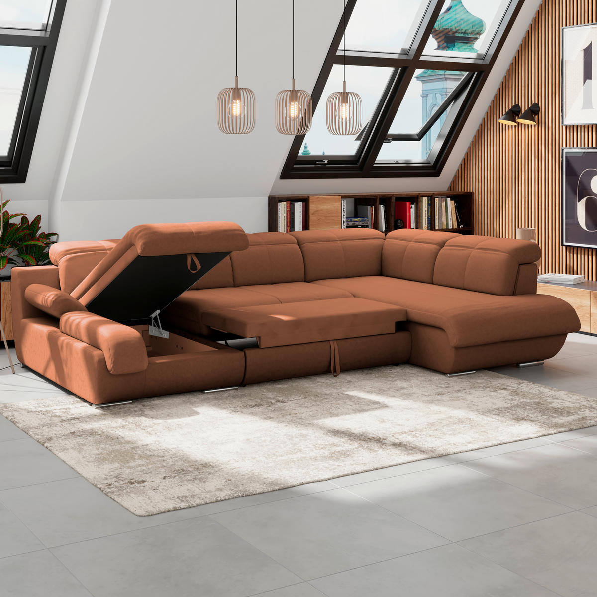 WOHNLANDSCHAFT Cognac Mikrofaser  - Chromfarben/Dunkelgrau, MODERN, Textil/Metall (184/345/228cm) - MID.YOU