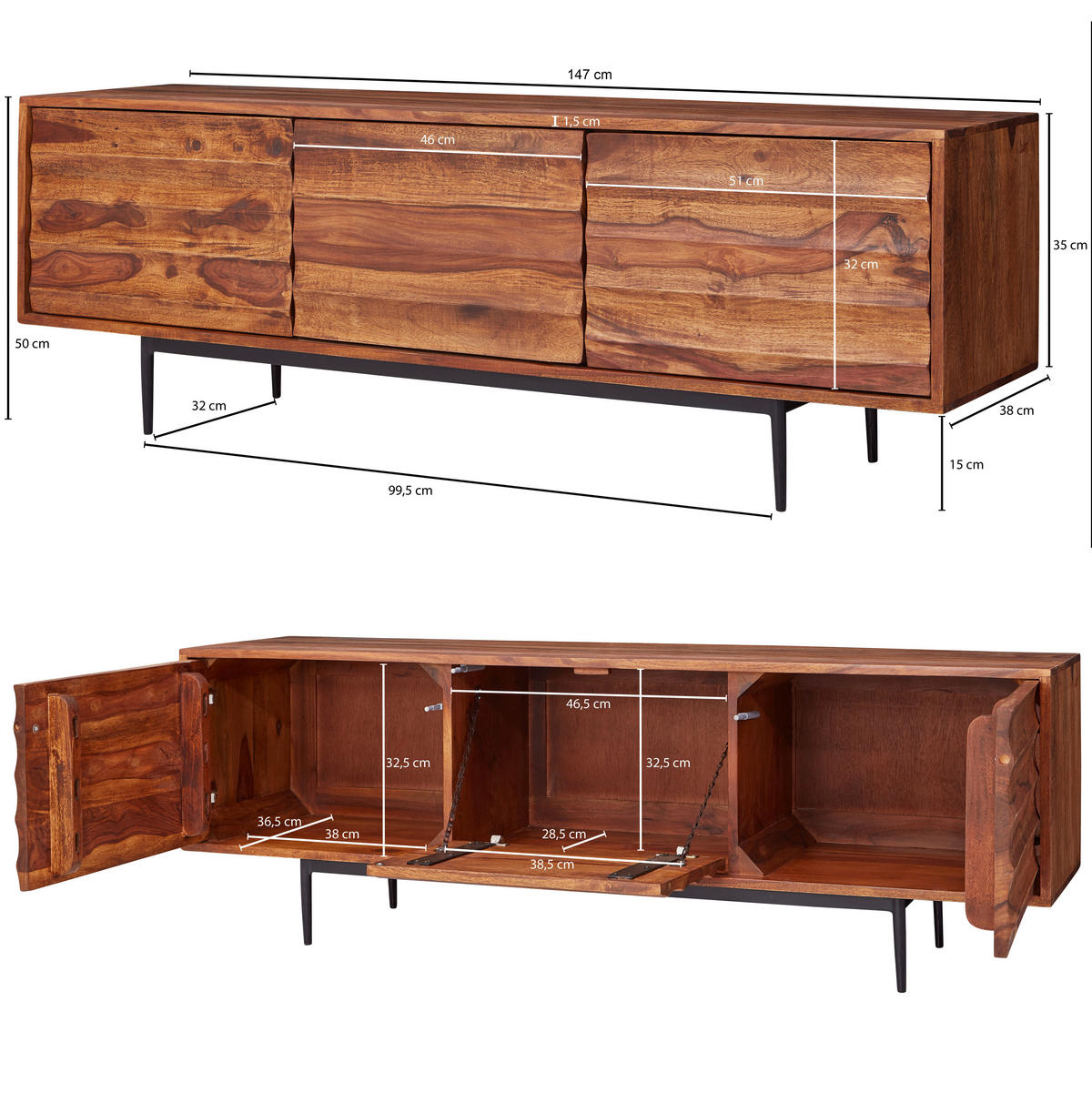 SIDEBOARD 147/50/38 cm  - Sheeshamfarben/Schwarz, Design, Holz/Metall (147/50/38cm) - MID.YOU