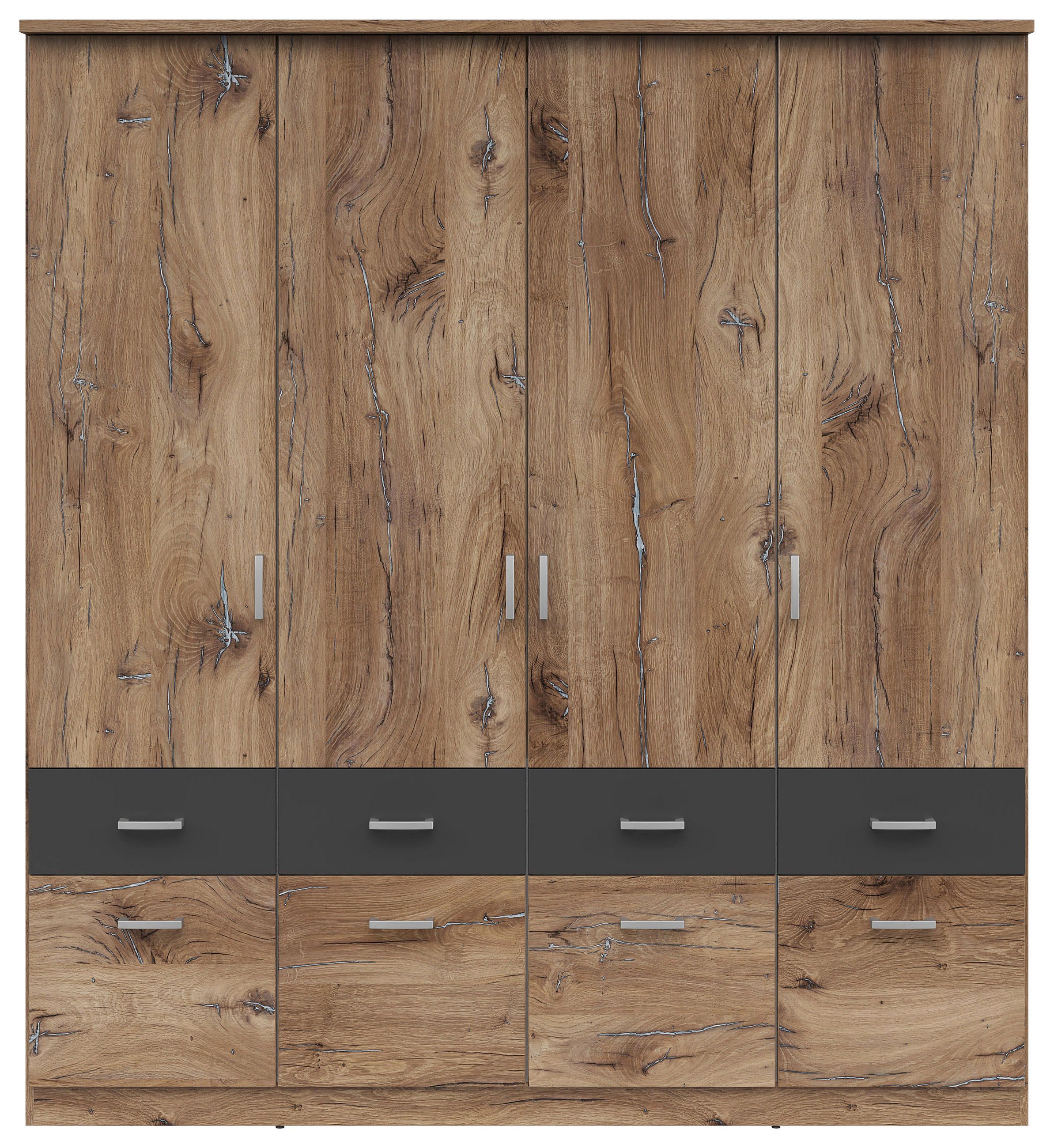 KLEIDERSCHRANK 181/199/58 cm,  in Graphitfarben, Eichefarben, 4-türig  - Eichefarben/Silberfarben, KONVENTIONELL, Holzwerkstoff/Kunststoff (181/199/58cm) - MID.YOU